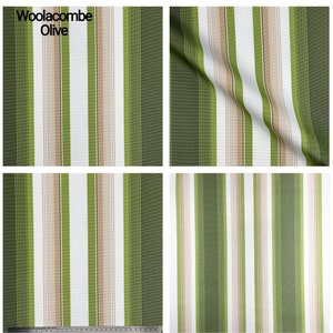 Puede incluir: Tela Woollacombe Olive con un patr&oacute;n de rayas en verde, beige y blanco.