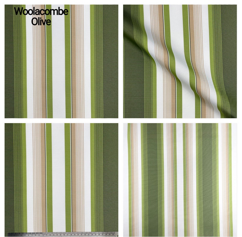 Puede incluir: Tela Woollacombe Olive con un patr&oacute;n de rayas en verde, beige y blanco.