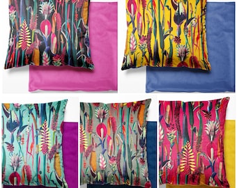 Tropical Velvet Cushion Covers - Botanical, Floral, Exotic, Premium Quality-Square Cushion Cover 46cm x 46cm Lounge Decor Handmade in the UK