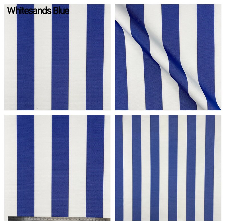 Puede incluir: Tela a rayas blancas y azules con el texto "Whitesands Blue" en la esquina superior izquierda. La tela se muestra en cuatro posiciones diferentes.