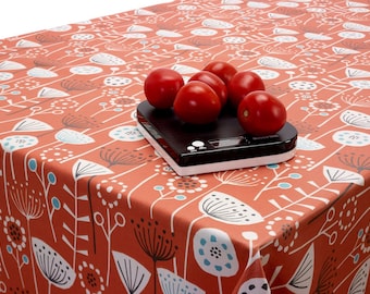 Oilcloth Wipe Clean Tablecloth Fabric - Bergen Burnt Orange Floral Scandinavian Design - Round, Rectangle or Square