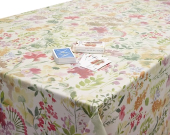 Oilcloth Wipe Clean Tablecloth Fabric - Multi Floral Watercolour - Hemmed Edge Optional Extra Available Round, Rectangle or Square