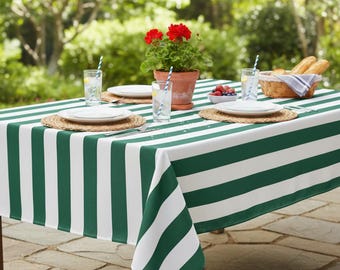 Mantel de tela impermeable para exterior - Rayas verdes y blancas. Mantel impermeable para exterior/interior de 150 cm de ancho, cojines y funda para muebles.