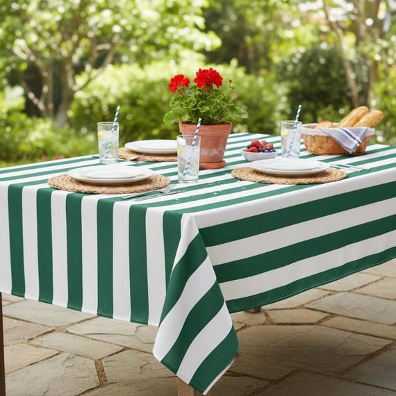 Outdoor Wasserabweisende Stoff Tischdecke - Grün/Weiß Streifen Outdoor/Indoor wasserdichte Tischdecke 150 cm breit, Kissen, Möbelbezug