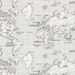 May include: A black and white world map with continent outlines and country borders. The map includes the names of continents, oceans, and some countries. The map is on a grid background.