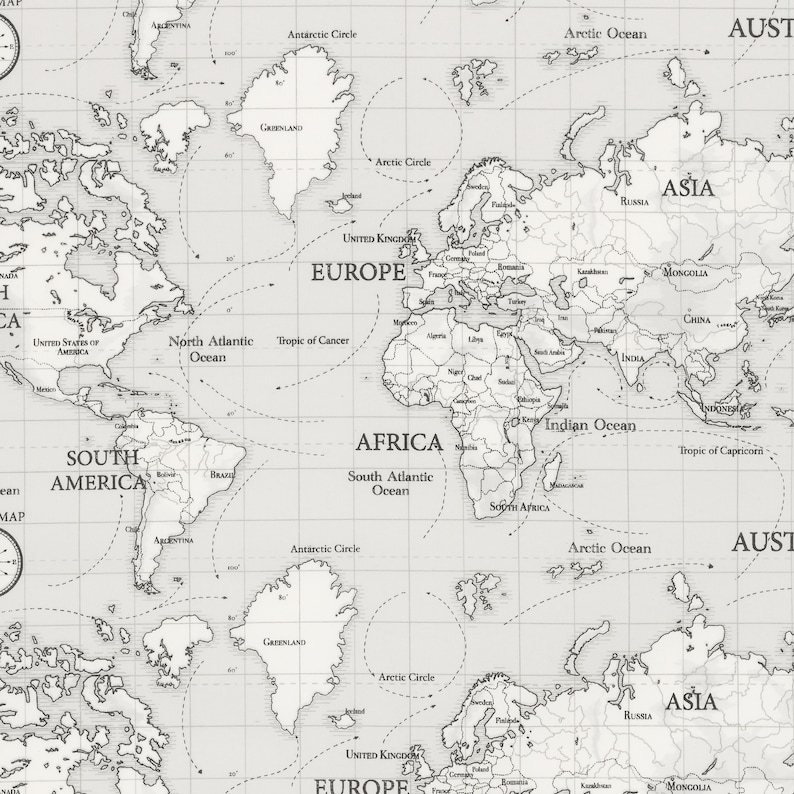 May include: A black and white world map with continent outlines and country borders. The map includes the names of continents, oceans, and some countries. The map is on a grid background.