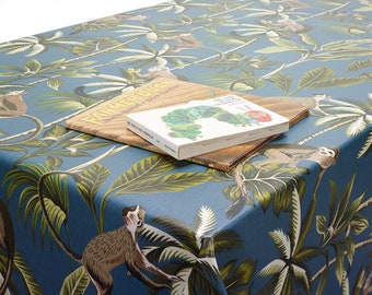 Oilcloth Wipe Clean Tablecloth Fabric - Teal/Duck Egg Tropical Monkeys Matt - Round, Rectangle or Square-Hygienic Wipeable Table Cover