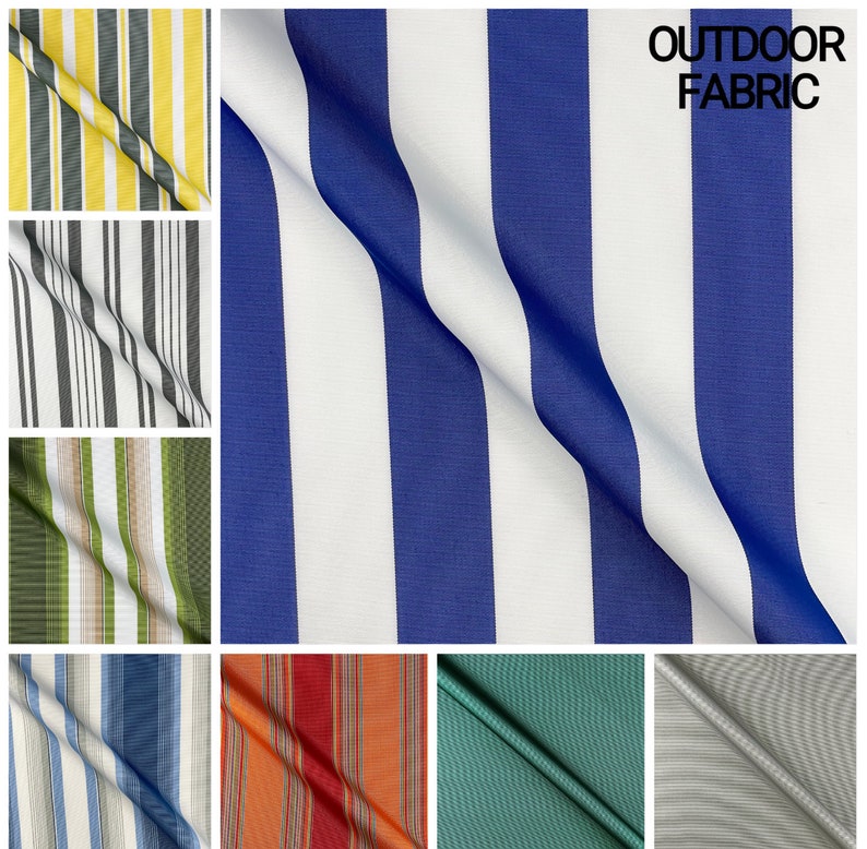 Puede incluir: Una colecci&oacute;n de muestras de tela a rayas en varios colores, incluyendo azul, blanco, amarillo, verde, naranja y gris. La tela est&aacute; etiquetada como "OUTDOOR FABRIC".
