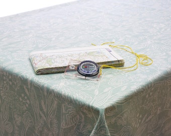 Oilcloth Wipe Clean Tablecloth Fabric - Duck Egg Rabbits and Wildlife Scene - Round, Rectangle or Square