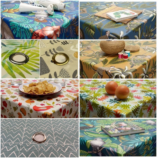 Oilcloth Wipe Clean Outdoor Garden Tablecloth with Silver 5cm *PARASOL HOLE*/Ring - Waterproof Oilcloth PVC Tablecloth - Tropical tablecloth