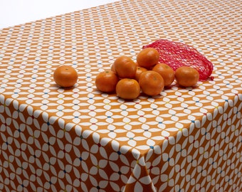 Tissu pour nappe en toile cirée pouvant être nettoyée par essuyage - Motif floral Marguerite scandinave orange brûlé - Rond, rectangle ou carré