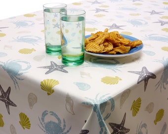 Oilcloth Wipe Clean Tablecloth fabric - Duck Egg and Grey Seashells and Crabs Beach Design - Round, Rectangle or Square