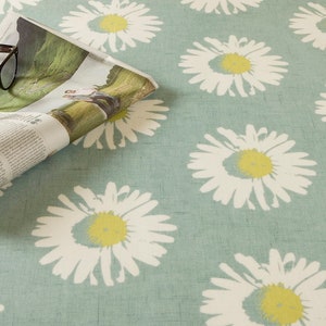 Oilcloth Wipe Clean Tablecloth Fabric - Duck Egg Blue/Green Large Daisy Capri Floral Wipeable Design - Round, Rectangle or Square