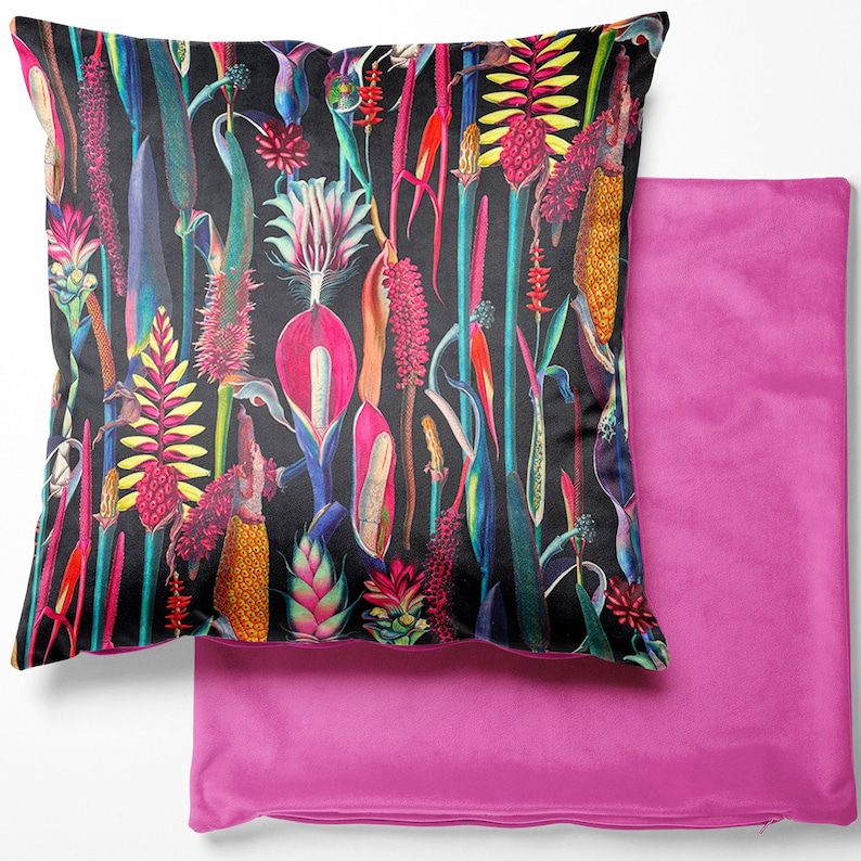 Tropical Velvet Cushion Covers Botanical, Floral, Exotic, Premium Quality-Square Cushion Cover 46cm x 46cm Lounge Decor Handmade in the UK Botanical Black