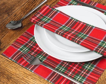 Christmas Placemats Set, Red Green Festive Tartan Fabric Placemats  Christmas Tableware Decor Holiday Place Mats Cotton Fabric
