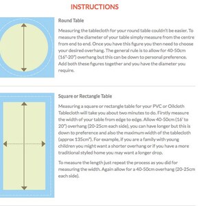 May include: Instructions for measuring a tablecloth for a round or square/rectangular table. The illustration shows a round table with a blue background and a square/rectangular table with a light blue background. The text explains how to measure the diameter of a round table and the width and length of a square or rectangular table. It also mentions the importance of allowing for an overhang of 16 to 20 inches (40 to 50 centimeters).