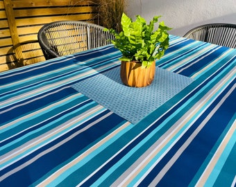 Outdoor Water Repellent Fabric Tablecloth-Whitley Bay Blue Stripes Outdoor/Indoor Waterproof Tablecloth 150cm Wide, Cushions,Furniture Cover