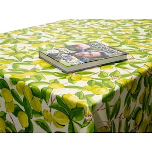 Oilcloth Wipe Clean Tablecloth Fabric - Yellow and Green Lemons Matte Finish Wipe Clean Oilcloth Tablecloth - Round, Rectangle and Square