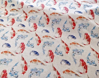 Koi Carp Fish Poly Linen Fabric - Crafting Material - Fat Quarter / Half Metre / Full Metre