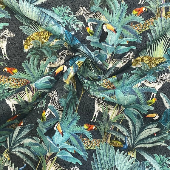 ABAKUHAUS Tissu Au Mètre Satiné Motif Jungle Tropicale - Bleu Marine Vert 148x100cm