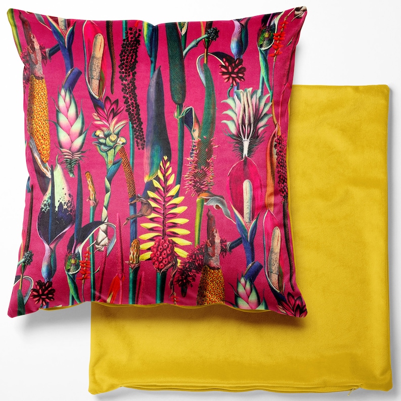 Tropical Velvet Cushion Covers Botanical, Floral, Exotic, Premium Quality-Square Cushion Cover 46cm x 46cm Lounge Decor Handmade in the UK Botanical Hot Pink