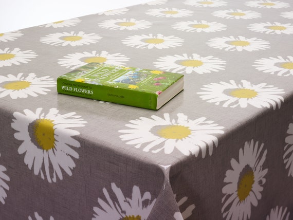 Oilcloth Wipe Clean Tablecloth Fabric - Grey Daisy Capri Floral Design - Round, Rectangle or Square