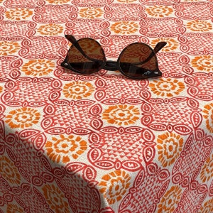 Oilcloth Wipe Clean Tablecloth Fabric - Burnt Orange and Red Mykonos Floral Design - Round, Rectangle or Square