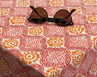 Oilcloth Wipe Clean Tablecloth Fabric - Burnt Orange and Red Mykonos Floral Design - Round, Rectangle or Square