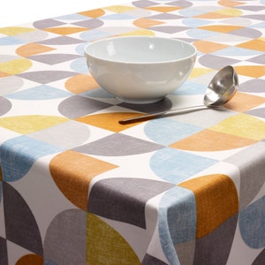 Wipe Clean Oilcloth Tablecloth Fabric - Burnt Orange, Ochre Yellow and Grey Matt Finish Circles Oilcloth - Round, Rectangle or Square