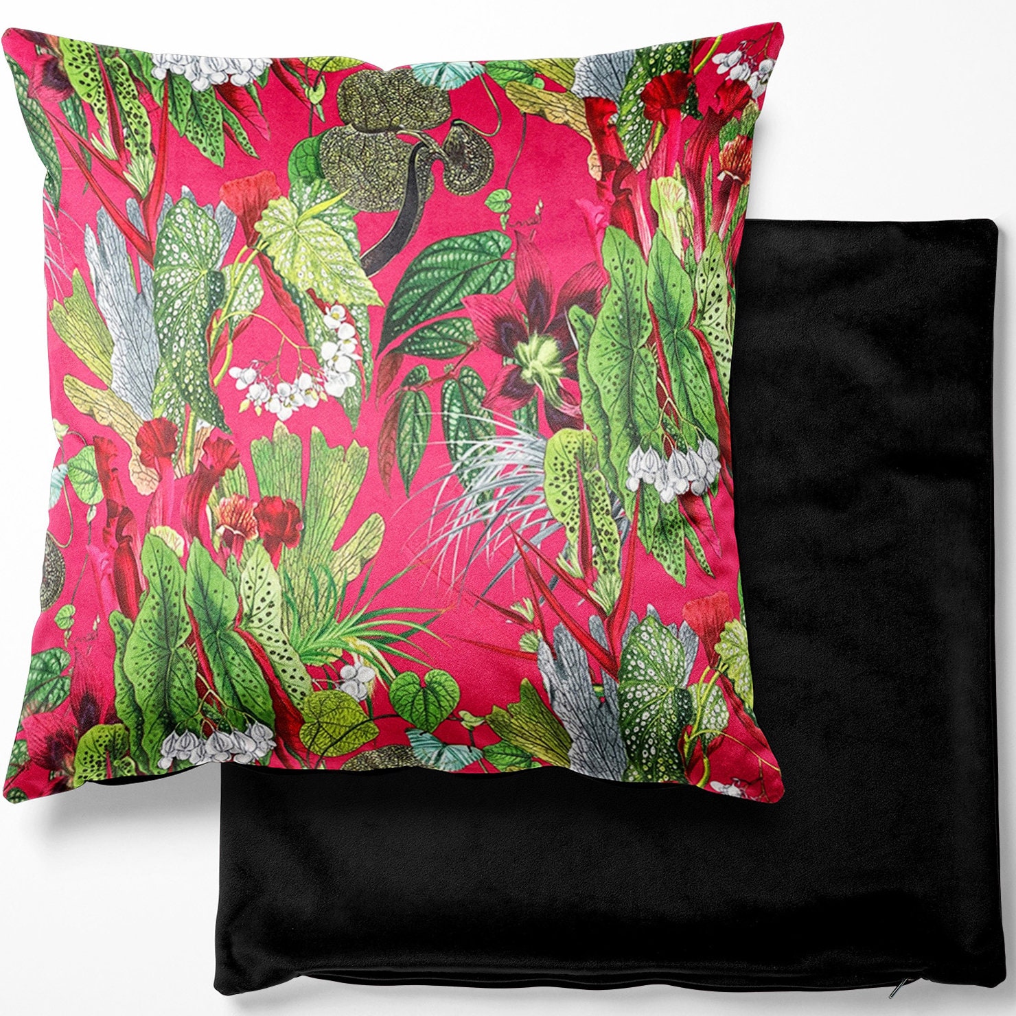 Tropical Velvet Cushion Cover - Exotic Cerise Pink - Botanical, Floral, Exotic, Premium Quality - Square Cushion Cover 46cm x 46cm