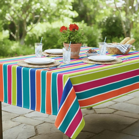Outdoor Wasserabweisende Stoff Tischdecke - Lebendige Multi Streifen Outdoor/Indoor wasserdichte Tischdecke 150 cm breit, Kissen, Möbelbezug