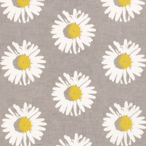May include: A seamless pattern of white daisies with yellow centers on a light gray background.
