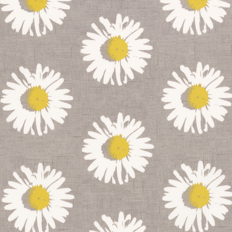 May include: A seamless pattern of white daisies with yellow centers on a light gray background.