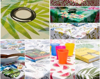 PVC Vinyl Wipe Clean Outdoor Garden Tablecloth with Silver 5cm *PARASOL HOLE*/Ring - Waterproof Tablecloth -  Plastic Vinyl Cloth