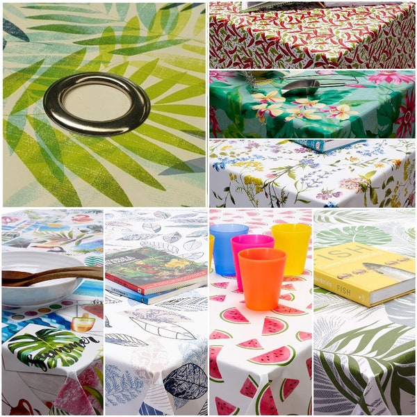 PVC Vinyl Wipe Clean Outdoor Garden Tablecloth with Silver 5cm *PARASOL HOLE*/Ring - Waterproof Tablecloth -  Plastic Vinyl Cloth