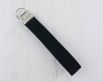 Black Key Ring for Men, Key Chain for Women, Plain Key Fob, Key Strap, Husband Gift Ideas, Fathers Day, Cotton Webbing, Work Pass for Man