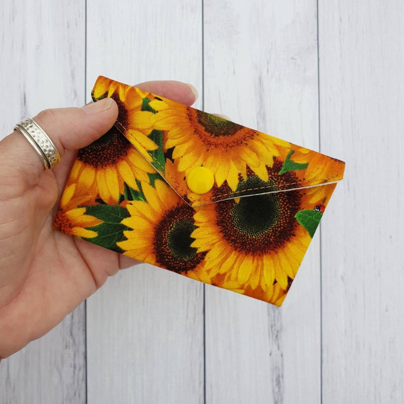 Slim Wallet for Gift, Loyalty Cards, Sunflower Gifts, Small Flower Fabric Jewellery Pouch, Cute Minimalist Fall Sunflower Ladies Accessory image 1