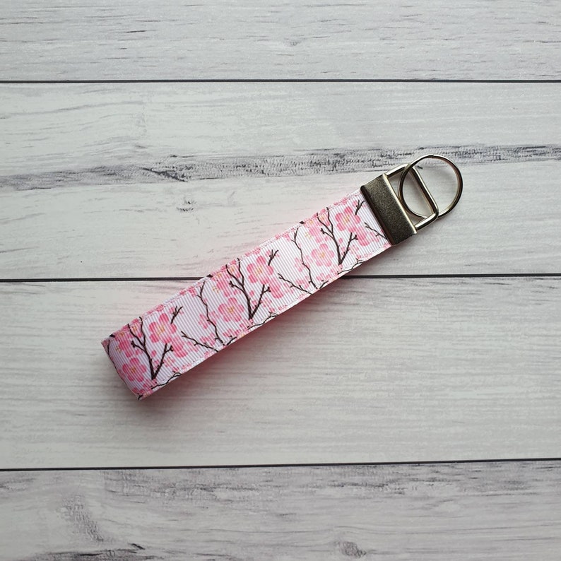 Pretty Blossom Key Fob Wristlet, Stocking Stuffer Keyfob, Spring Floral Lanyard, Flower Lover Gifts from Husband, Work Accessory Gift image 1