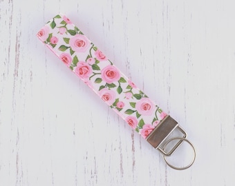 Pretty Rose Key Fob Wristlet, Best Friend Gift, Stocking Stuffer Keyfob, Floral Lanyard, Flower Lover Gifts from Husband, Work Accessory