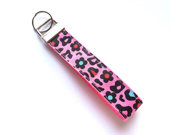 Pink Leopard Key Fob Wristlet, Fabric Key Ring for Women, Handmade Keyring, Leopard Accessories, Car Accessory, Wife Present from Husband