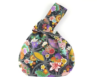 Small Japanese Knot Bag, Reversible Floral Wristlet, Project Bag for Knitting, Exotic Fabric Flower Crotchet Tidy, Ladies Handy Travel Pouch