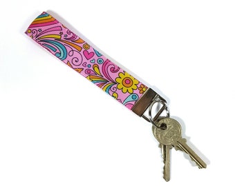 Keychain Wristlet 60s Rainbow Keychain Wristlet, Boho Keyfob for Women, Key Chain for Sixties Party Gift, Pink Key Fob Strap, Colourful Keys