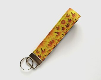 Sunflower Key Fob Wristlet, Best Friend Gift, Stocking Stuffer Keyfob, Floral Lanyard, Flower Lover Gifts from Husband, Work Accessory