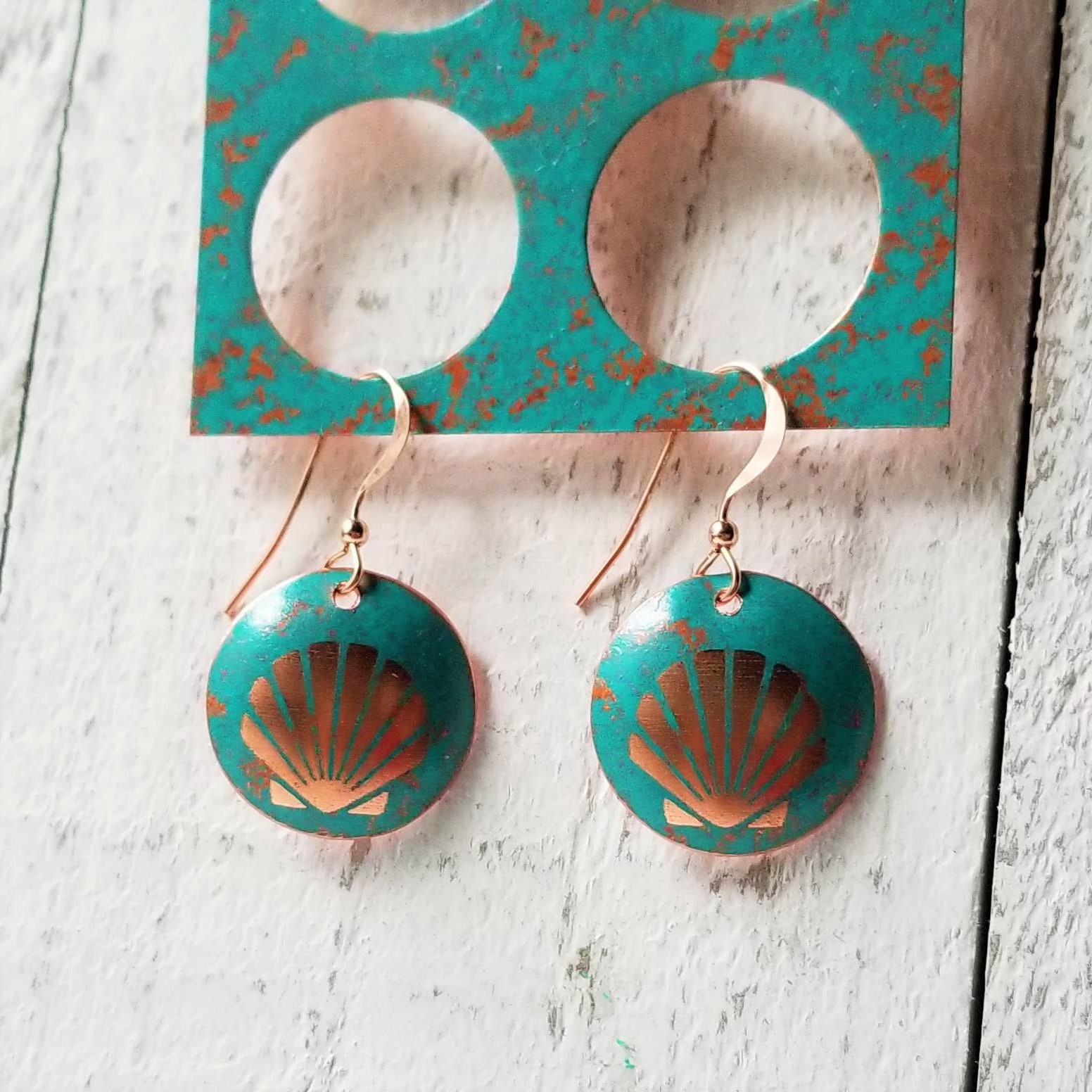 Sea Shell Earrings Beach Theme Jewelry Copper Turquoise Patina