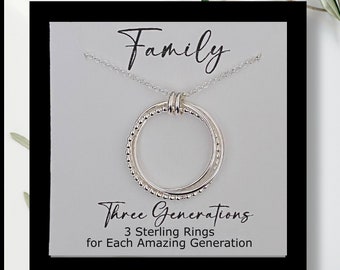 Three Generation Sterling Necklace, Significant Family Meaning, 3 Intertwined Circles, 3 rings, Symbolic, Gift for Mothers Grandmother
