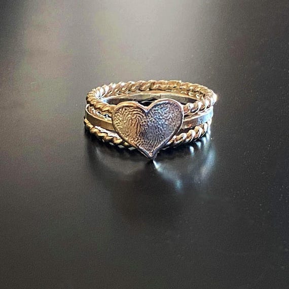 Sterling Silver Fingerprint Stacking Rings: Heart Shape Memorial Jewelry, Engraved Custom Imprint, Sentimental Keepsake, Grief & Comfort