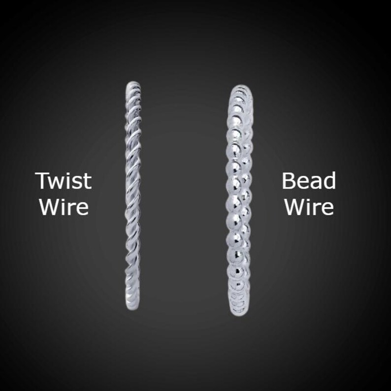 May include: Two silver wire designs are displayed against a dark background. The left design is a twist wire, and the right design is a bead wire. The text "Twist Wire" and "Bead Wire" are also displayed.