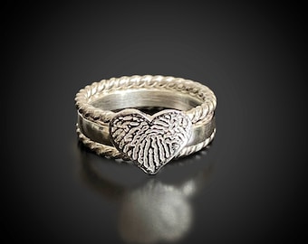 Fingerprint Ring, Personalized Memorial, Sterling Stacking Bands, Heart Shape, Engraved Imprint, Sentimental Keepsake, Grief & Comfort Gift