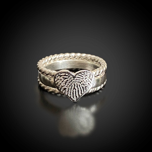 Fingerprint Ring | 3 Stacking Bands | Sterling Silver | Heart | Personalized | Grieving Loss of Spouse Deceased Loved One | New Mother Gift
