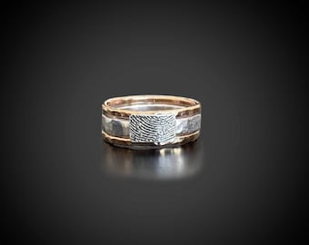 Fingerprint Ring, Custom Memorial Jewelry, Engraved, Mixed Metal, Grief, Loss & Comfort Gift, Hammered Sterling - Gold Filled Stacking Bands